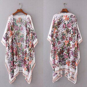 Boho Floral Chiffon Duster Multicolor Long Sleeve Beach Cover Up Kimono